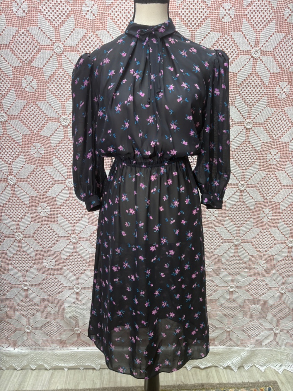 Vintage Charlee Allison Floral Chiffon Dress • Tie Neck